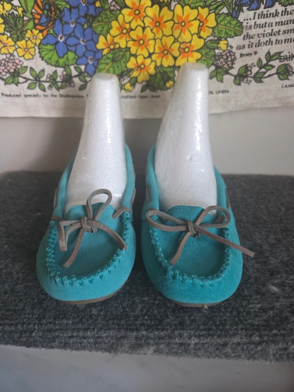 Minnetonka Teal Suede Moccasin Slip-Ons with Bow